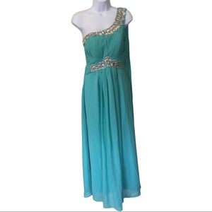 NEW Aqua Rhinestone Chiffon Gown. Sz PM